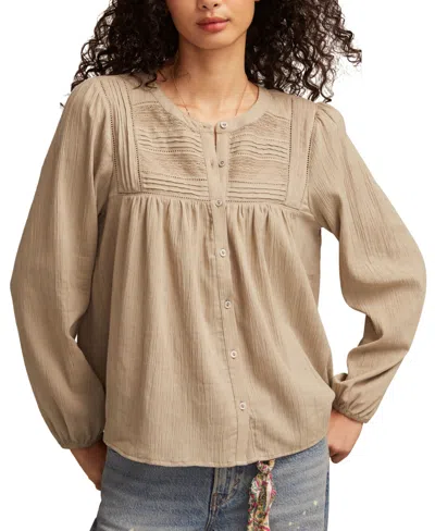 Lucky Brand Lace Inset Cotton Button-up Peasant Top In Neutral