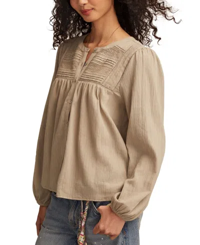 Lucky Brand Lace Inset Cotton Button-up Peasant Top In Neutral