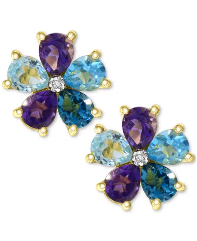 Macy's Multi Gemstone And Diamond Accent Flower Stud Earrings In 14k Gold-plated Sterling Silver In Blue