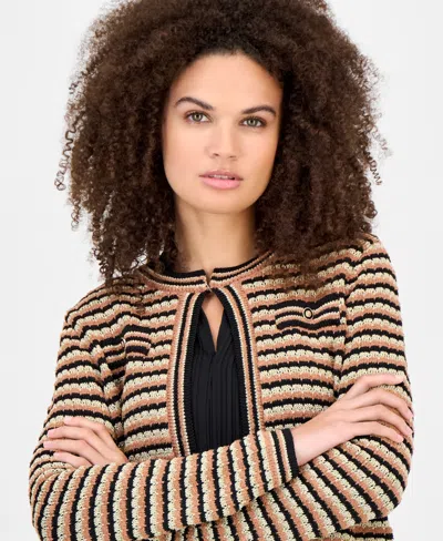 Anne Klein Womens Metallic Knit Cardigan P Xxs Xxl In Brown