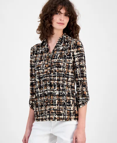 Ak Anne Klein Abstract Print Johnny Collar Half Placket Shirt In Multi