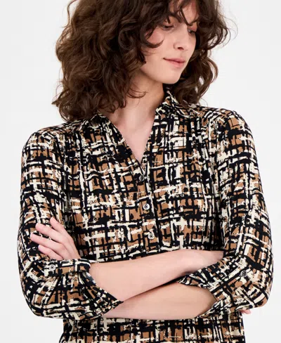 Ak Anne Klein Abstract Print Johnny Collar Half Placket Shirt In Multi