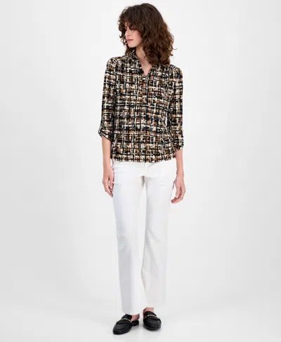 Ak Anne Klein Abstract Print Johnny Collar Half Placket Shirt In Multi