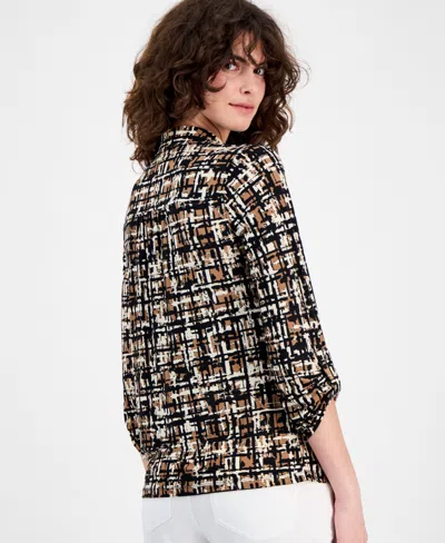 Ak Anne Klein Abstract Print Johnny Collar Half Placket Shirt In Multi