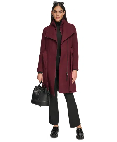 Calvin Klein Womens Wool Blend Belted Wrap Coat, Created For Macys In Burgundy