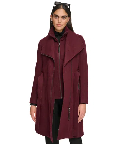 Calvin Klein Womens Wool Blend Belted Wrap Coat, Created For Macys In Burgundy