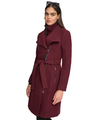 Calvin Klein Womens Wool Blend Belted Wrap Coat, Created For Macys In Burgundy