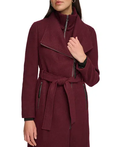 Calvin Klein Womens Wool Blend Belted Wrap Coat, Created For Macys In Burgundy