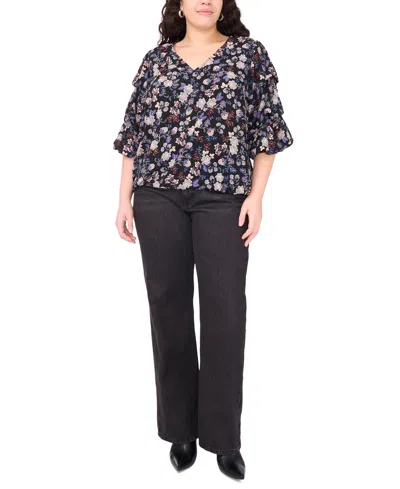 Vince Camuto Women's Plus Size Printed V-neck Bubble Sleeve Top In Purple