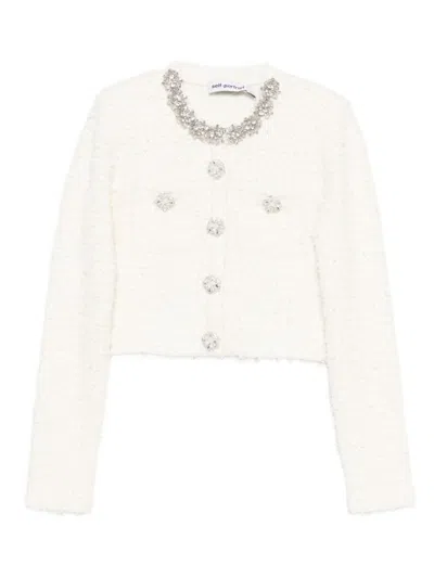 Self-portrait White Crewneck Cropped Cardigan With Crystal Embellishments On The Collar In Cotton Blend Woman In Neutral