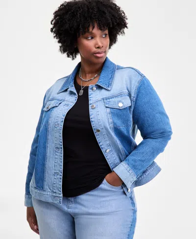 On 34th Trendy Plus Two-tone Denim Trucker Jacket, Macy's Exclusive In Blue