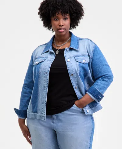 On 34th Trendy Plus Two-tone Denim Trucker Jacket, Macy's Exclusive In Blue