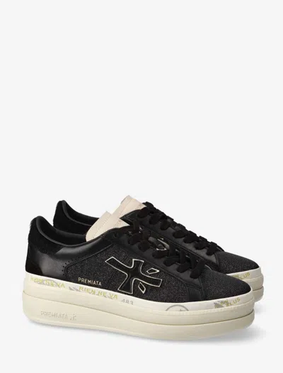 Premiata Platform Sneakers With Glitter And Contrast Tab In Black