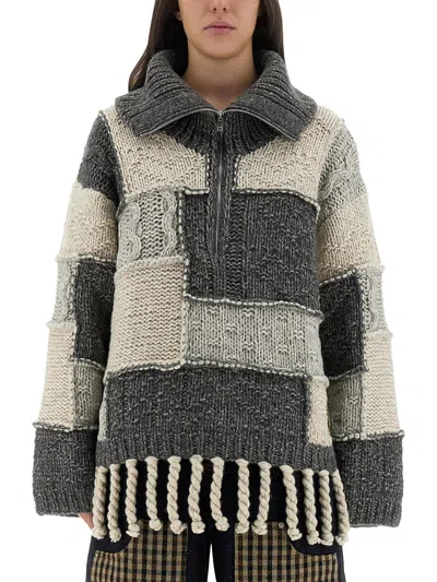 Ganni Patchwork Jersey With Bangs In Gray