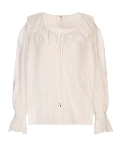 Chloé Gathered Ruffle Top In Cotton Voile In Pink