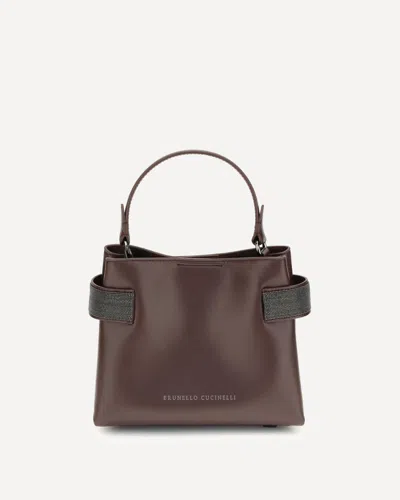 Brunello Cucinelli Essence Small Calfskin Top-handle Bag With Precious Bands In Neutral