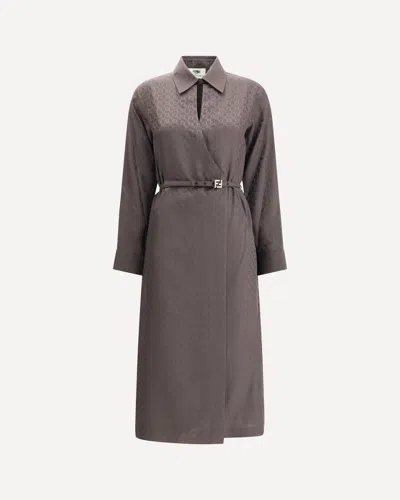 Fendi Ff Jacquard Silk Midi Shirt Dress In Brown