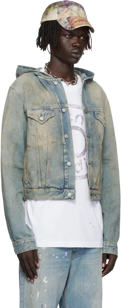 Acne Studios Blue Hooded Denim Jacket In Green