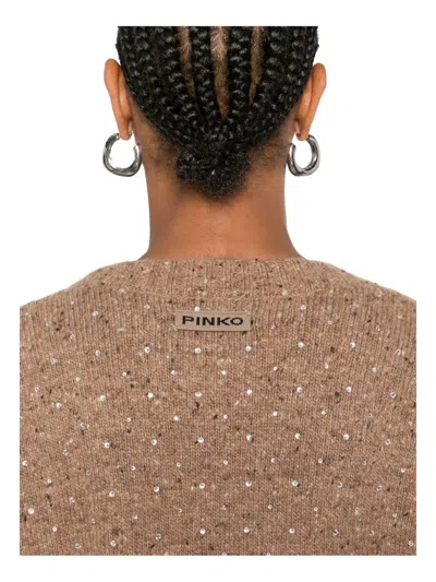 Pinko Bouclé Fabric Cardigan With Rhinestones In Brown