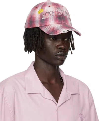 Acne Studios Distressed Checked Canvas Baseball Cap In Pink