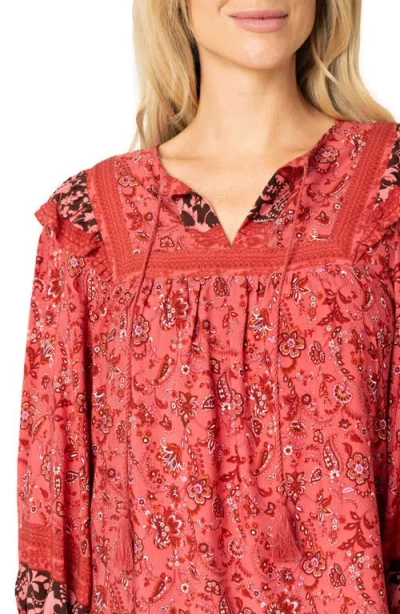 Gibsonlook Harvest Moon Border Print Blouse In Burgundy Spice Border Print