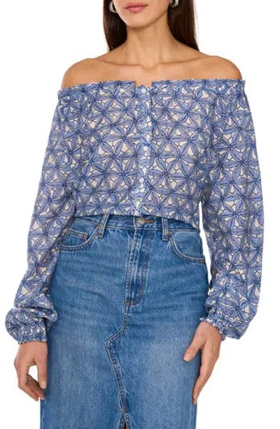 Two By Vince Camuto Floral Off The Shoulder Button-up Shirt In Blue
