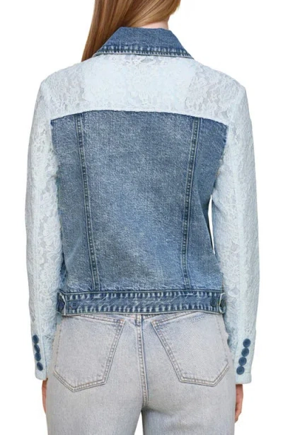 Bagatelle Mixed Media Denim Trucker Jacket In Blue