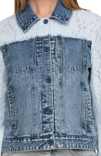 Bagatelle Mixed Media Denim Trucker Jacket In Blue