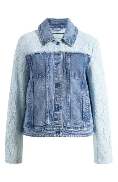Bagatelle Mixed Media Denim Trucker Jacket In Blue