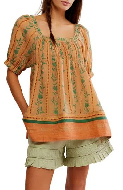Free People Santorini Print Embroidered Puff Sleeve Tunic Top