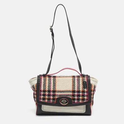 Pre-owned Coach Multicolor Plaid Tweed And Leather Turnlock Top Handle Bag