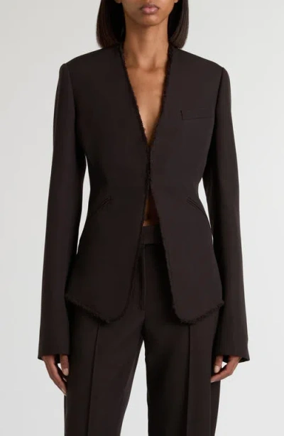 Alexander Mcqueen Mcqueen Raw Edge Wool Canvas Peplum Blazer In Brown