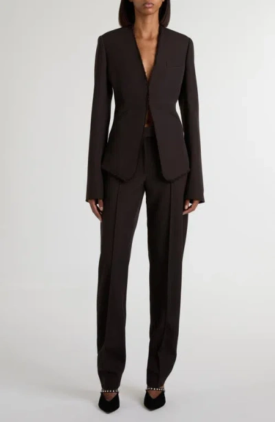 Alexander Mcqueen Mcqueen Raw Edge Wool Canvas Peplum Blazer In Brown