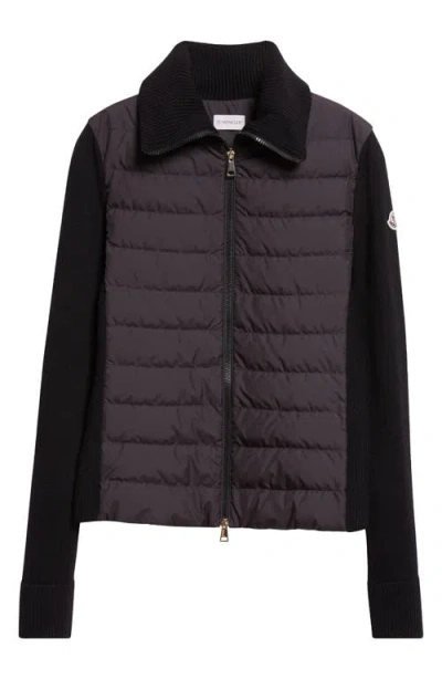 Moncler Two-material Cardigan With Goose Down Padding And High Neck In Black