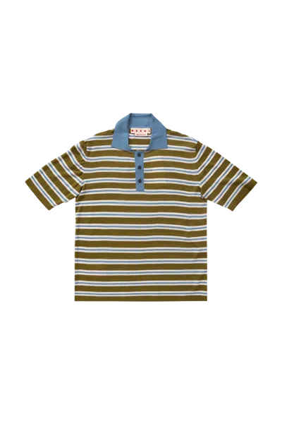 Marni Ribbed Stripe Light Wool Polo Shirt Grass In Gray