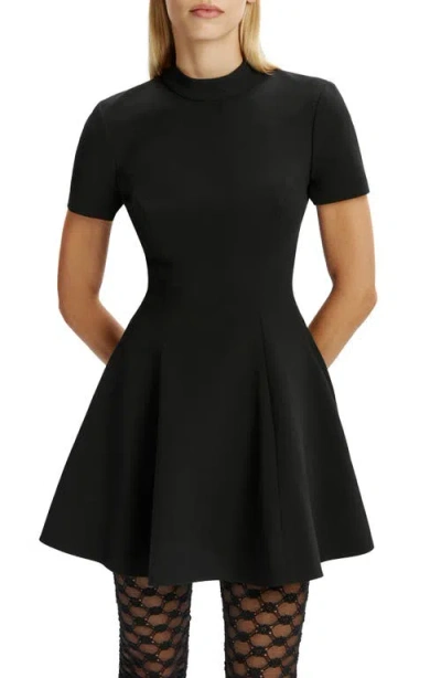 Bardot Zephyra Short Sleeve High Neck Fit And Flare Full Skirt Mini Dress In Black