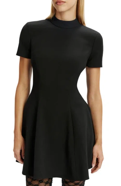 Bardot Zephyra Short Sleeve High Neck Fit And Flare Full Skirt Mini Dress In Black