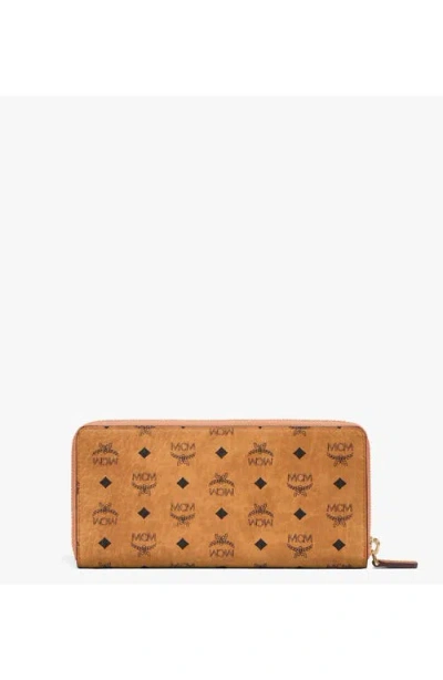 Mcm Aren Zip Around Wallet In Visetos In Brown