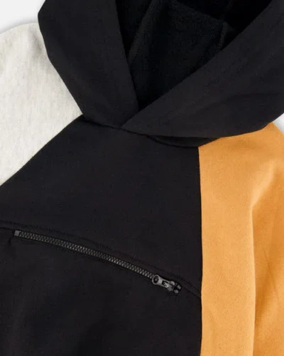 Deux Par Deux Pullover Hooded Fleece Sweatshirt With Zip Pocket In Black