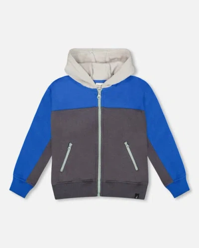 Deux Par Deux Color Blocked Zip Front Fleece Hoodie In Blue
