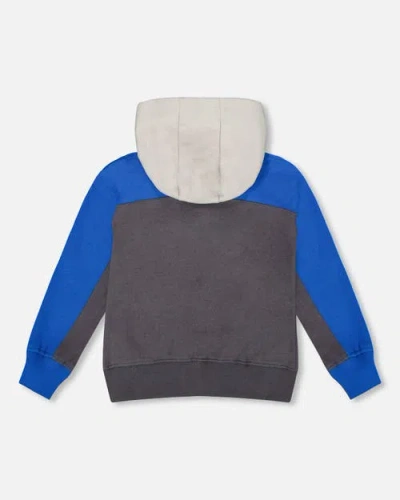 Deux Par Deux Color Blocked Zip Front Fleece Hoodie In Blue