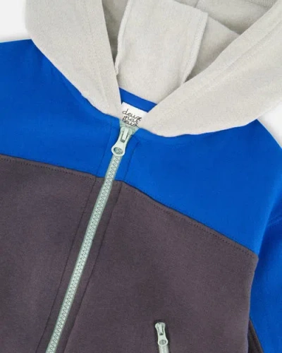 Deux Par Deux Color Blocked Zip Front Fleece Hoodie In Blue