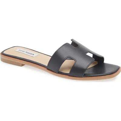 Steve Madden Hadyn Sandals Women's Black Leather Cutout Strap Slide Gal991 In Black