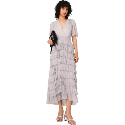 Maje Womens Ruffled V-neck Metallic-woven Maxi Dress Silver In Gray