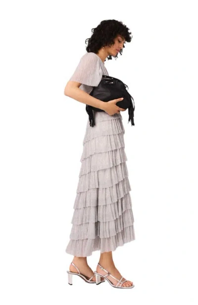 Maje Womens Ruffled V-neck Metallic-woven Maxi Dress Silver In Gray