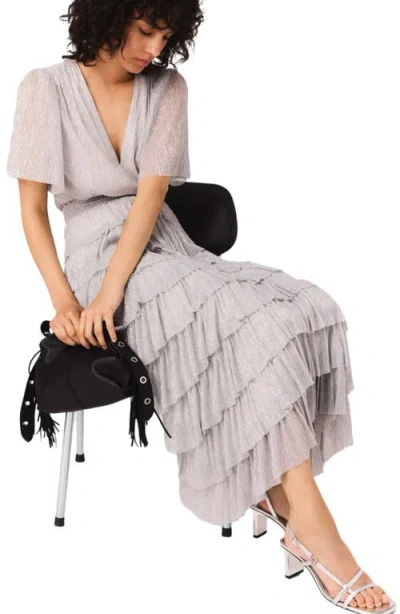 Maje Womens Ruffled V-neck Metallic-woven Maxi Dress Silver In Gray