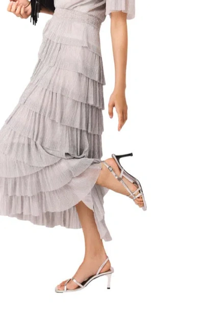 Maje Womens Ruffled V-neck Metallic-woven Maxi Dress Silver In Gray