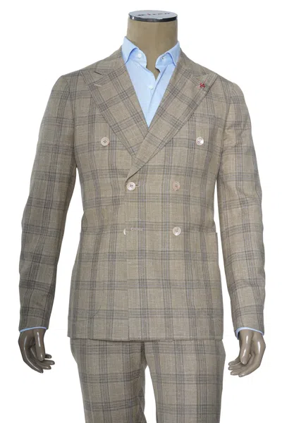 Isaia Double Breasted Double Windowpane Wool-silk-linen Suit In Brown