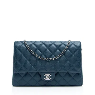 Pre-owned Chanel Caviar Leather Chain Flap Clutch In Blue