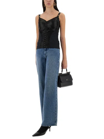 Dolce & Gabbana Satin Buttoned Fitted Top In Black